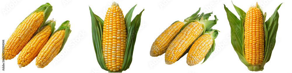 Obraz premium Fresh Corn Cobs with Green Husks Isolated on White Background