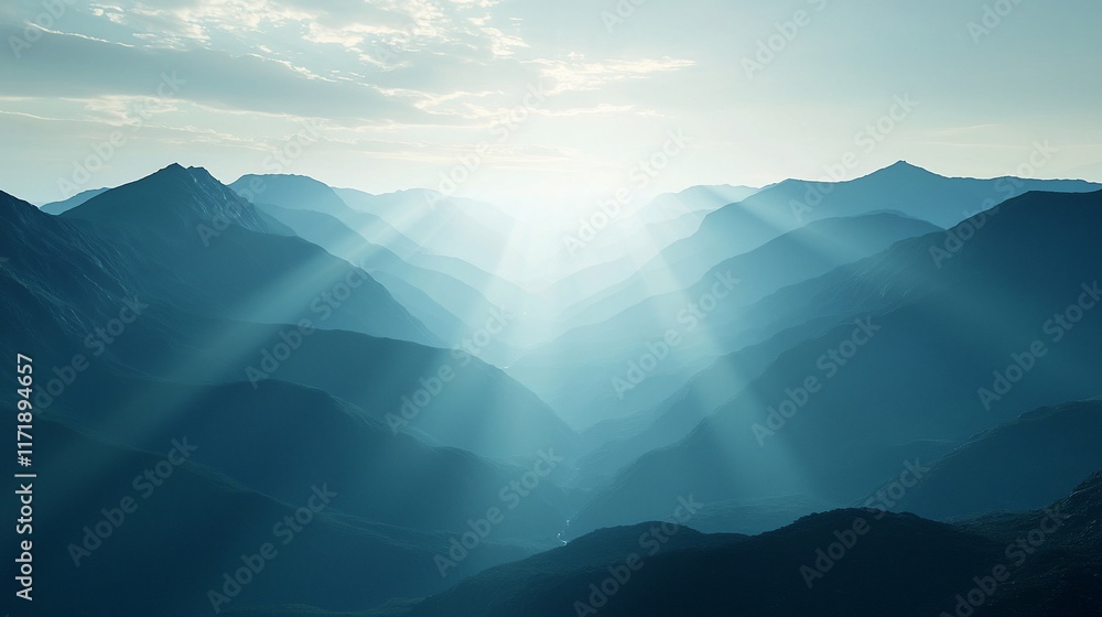 Fototapeta premium Sun rays illuminating a majestic mountain range at dawn.