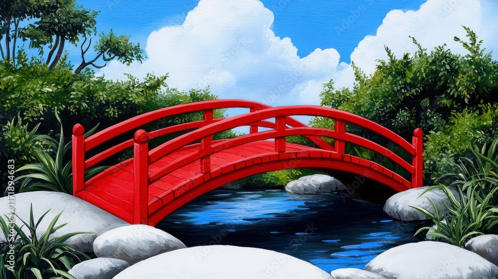 A red bridge spans a river with a lush green forest in the background A red bridge spans a river with a lush green forest in the background