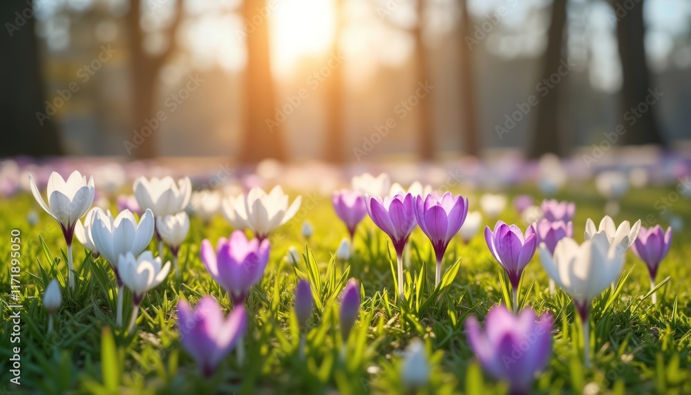 Beautiful spring flowers crocuses in various shades of purple, white bloom in sunny meadow. Sunlight highlights blossoms in gentle landscape setting. Springtime freshness fills scene. Perfect for Beautiful spring flowers crocuses in various shades of purple, white bloom in sunny meadow. Sunlight highlights blossoms in gentle landscape setting. Springtime freshness fills scene. Perfect for