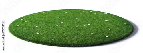 Flowers and green or dry grass spread over a round patch of surface, isolated on a white background. It serves as a realistic natural element for design, shown as a bright 3D illustration.