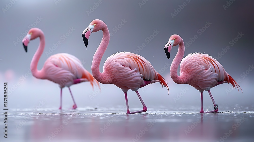 Obraz premium Three pink flamingos wading in shallow water, misty background. (1)