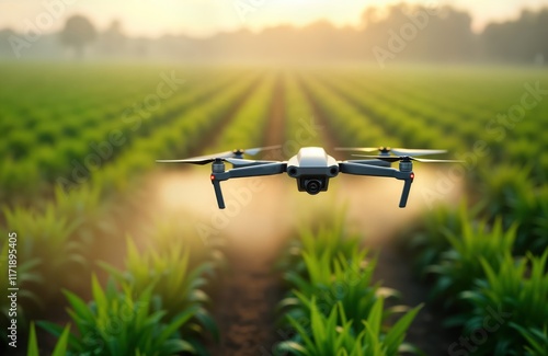 Autonomous drone sprays pesticide in green field. Modern tech helps boost agricultural productivity. Sunrise illuminates rural landscape. Drone flies over crops. Smart farming innovation. Beneficial photo