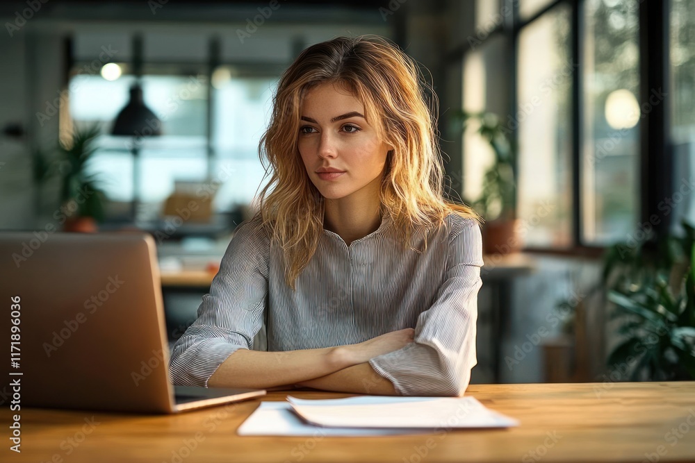 Contemplative businesswoman engaging with documents at a wooden desk in a modern office with natural sunlight Contemplative businesswoman engaging with documents at a wooden desk in a modern office with natural sunlight