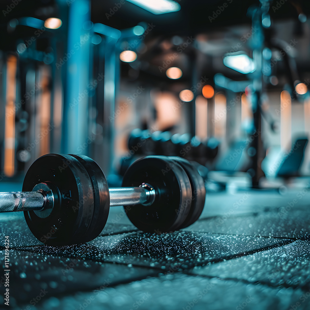 Barbell with Weight Plates on Gym Floor Barbell with Weight Plates on Gym Floor