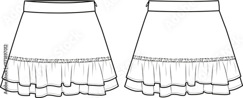 Women's Ruffle Hem, Layered Mini Skirt- Technical fashion illustration. Front and back, white color. Women's CAD mock-up.