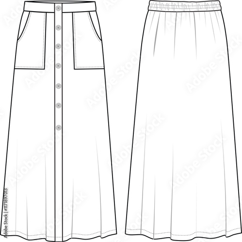 Women's Button Front, Split, and Maxi Skirt- Technical fashion illustration with patch pocket. Front and back, white color. Women's CAD mock-up.