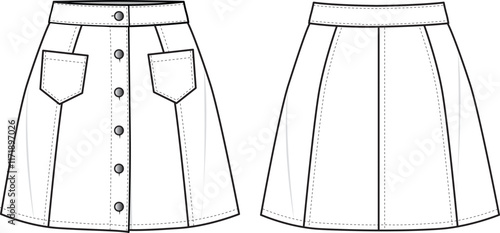 Women's A-Line Mini Denim Skirt- Technical fashion illustration with button front and pocket detail. Front and back, white color. Women's CAD mock-up.