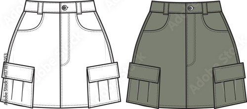 Women's Utility Mini Skirt- Technical fashion illustration. Front, white, and khaki color. Women's CAD mock-up.