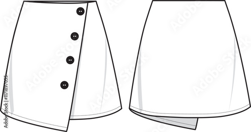 Women's Wrap Button Front Mini Skirt- Technical fashion illustration. Front and back, white color. Women's CAD mock-up