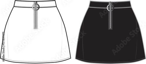 Women's A-Line Zip Front Skirt- Technical fashion illustration. Front, white and black color. Women's CAD mock-up.
