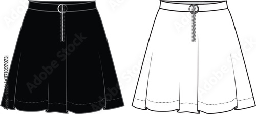 Women's Zip Front Skater Skirt- Technical fashion illustration. Front, white and black color. Women's CAD mock-up.