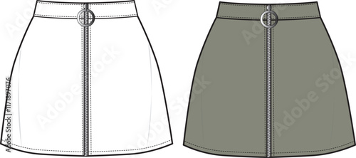 Women's A-Line Zip Front Skirt- Technical fashion illustration. Front, white, and khaki color. Women's CAD mock-up.
