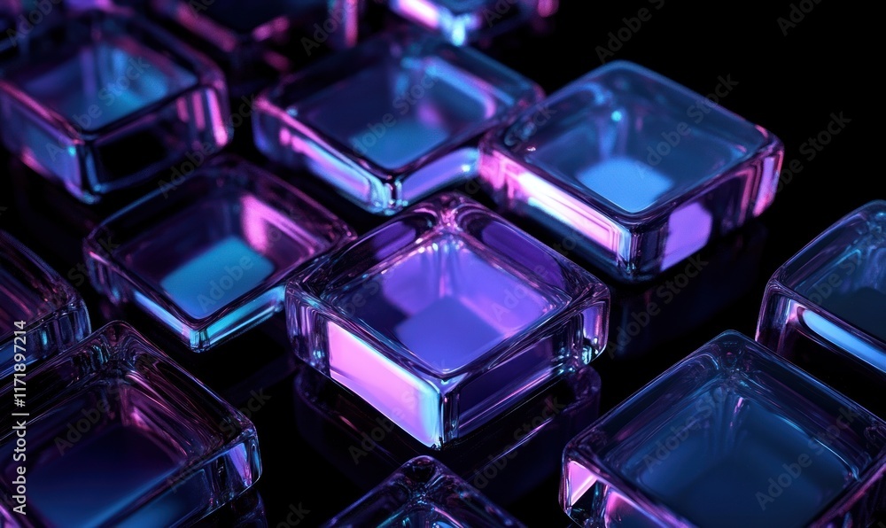 Futuristic Abstract Design with Translucent Glass Squares and Cool Lighting Futuristic Abstract Design with Translucent Glass Squares and Cool Lighting