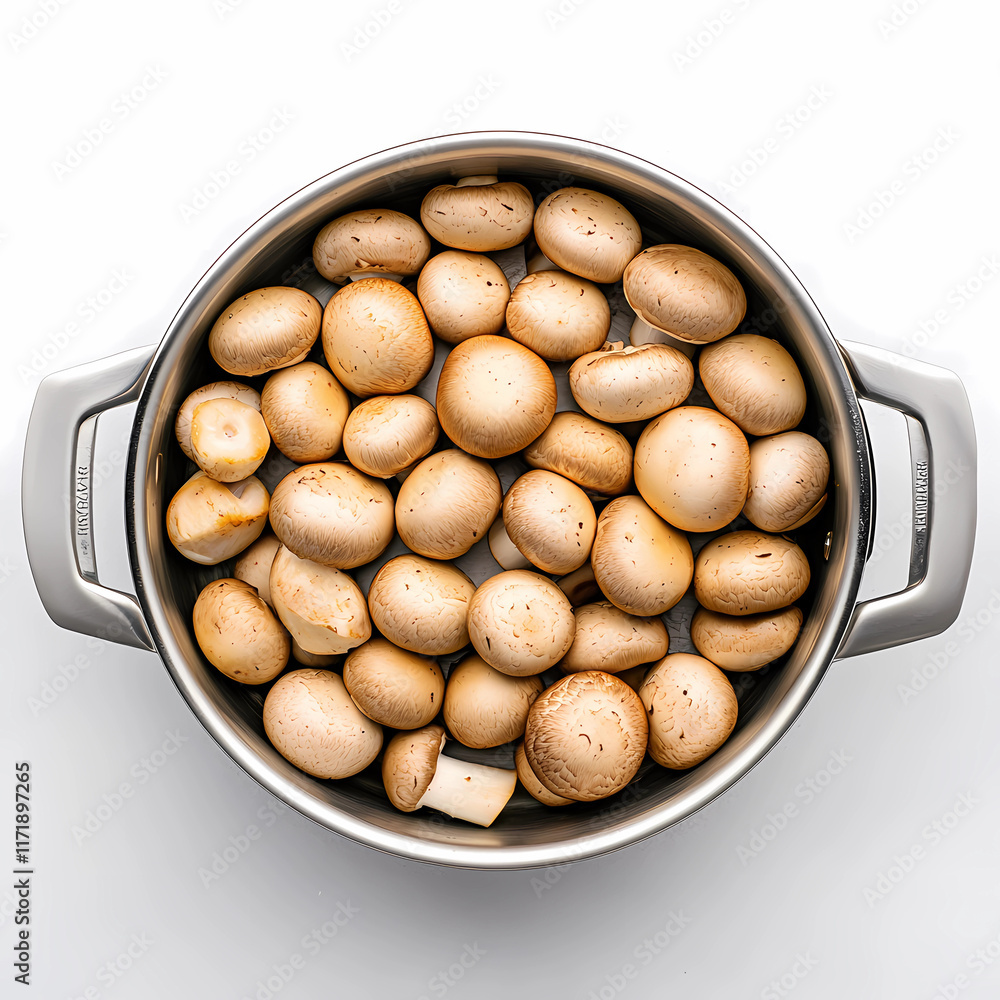 Savory Mushrooms Cooking in a Glass Saucepan - Profile View Savory Mushrooms Cooking in a Glass Saucepan - Profile View