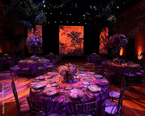 Elegant purple ballroom event setup with tropical backdrop.