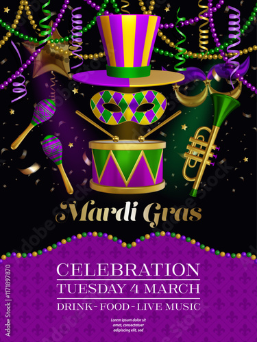 mardi gras poster with mask, musical instruments, party balloons and streamers. mardi gras party poster