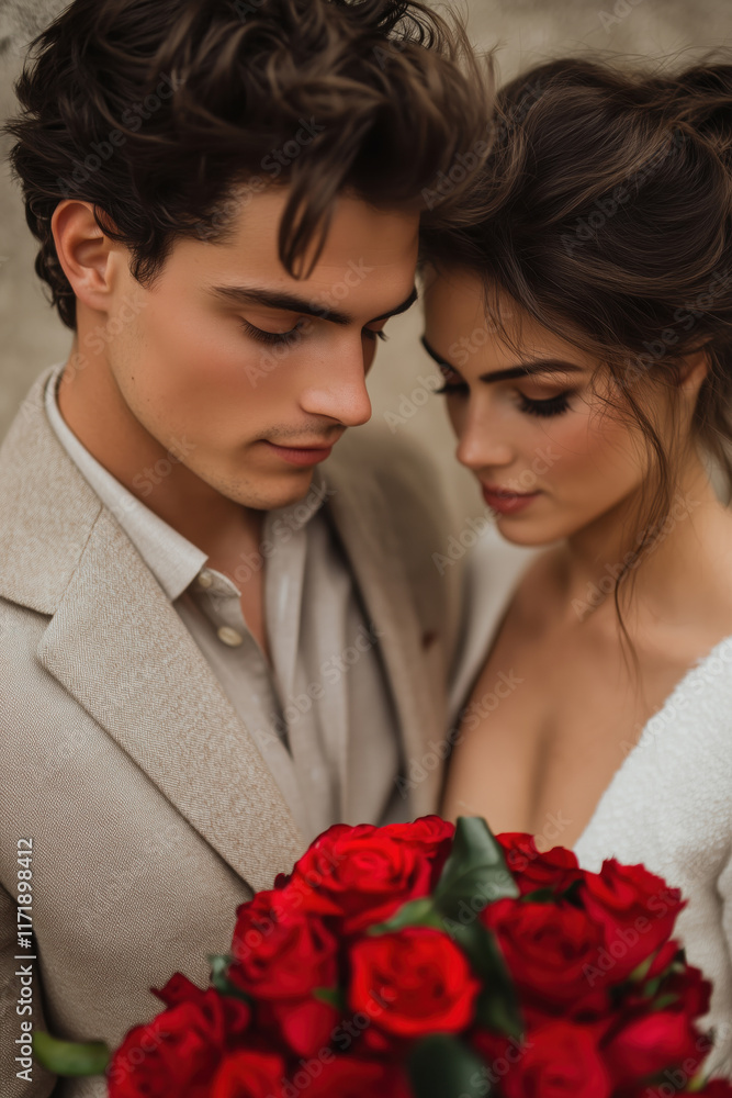 Groom in a wedding suit and bride in a white wedding dress with a bouquet of red roses Groom in a wedding suit and bride in a white wedding dress with a bouquet of red roses