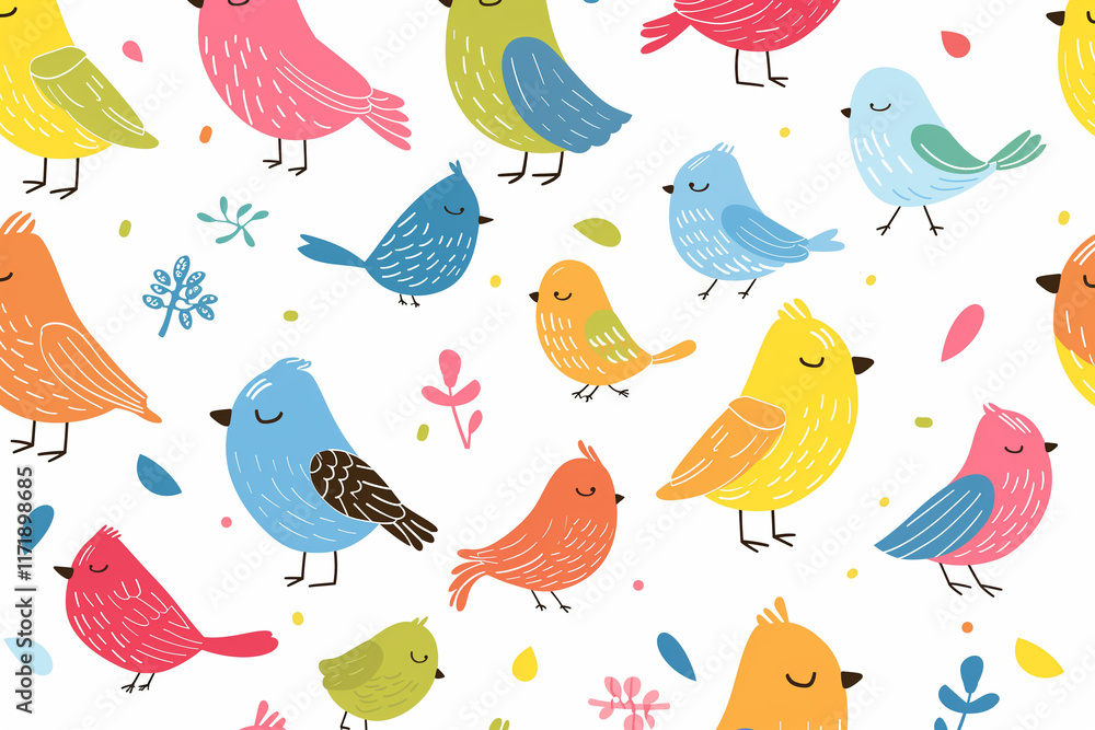Obraz premium Bird Pattern Bright and Lively Design for Kids Wallpaper with Colorful Repeating Birds in Fun Rainbow Colors