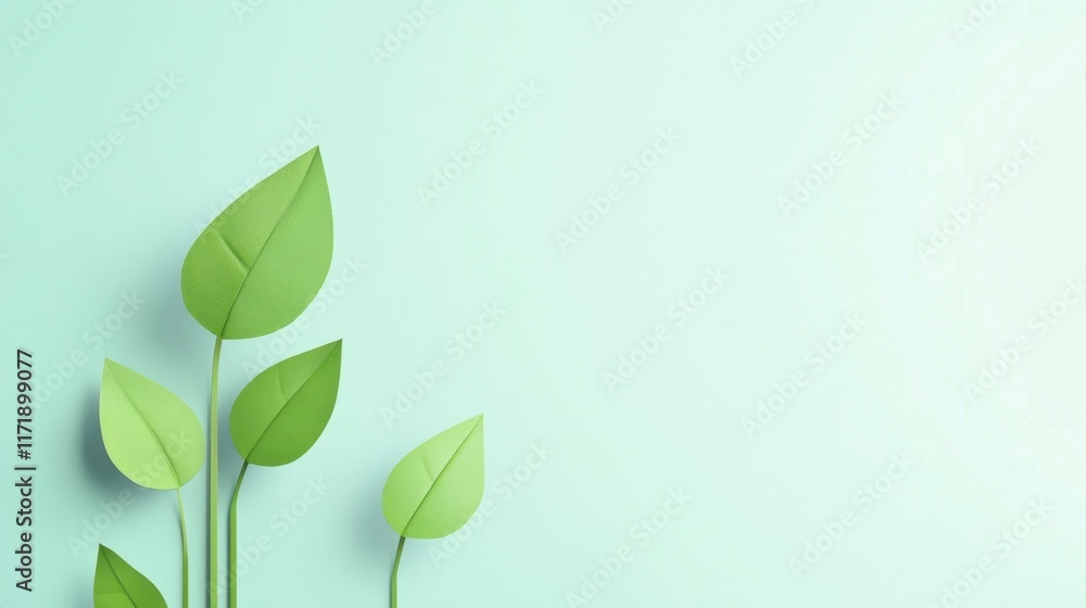 Minimalist Green Leaves on Pastel Blue Background - Copy Space Minimalist Green Leaves on Pastel Blue Background - Copy Space