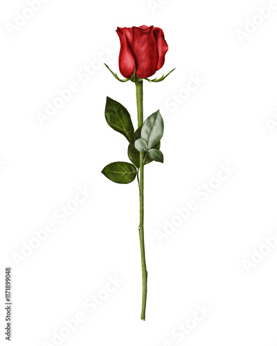Fototapeta Naklejka Na Ścianę i Meble -  A delicate watercolor illustration of a single red rose on a long stem with lush green leaves.