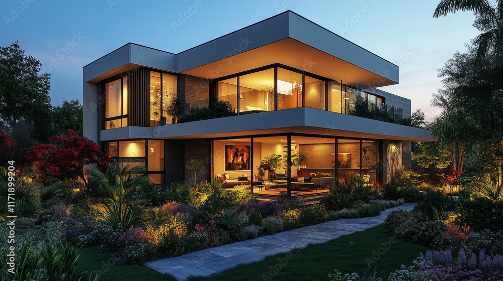 Modern house with contemporary architecture and garden lighting at night, featuring serene outdoor space, patio, trees, and lawn for a peaceful ambiance Modern house with contemporary architecture and garden lighting at night, featuring serene outdoor space, patio, trees, and lawn for a peaceful ambiance