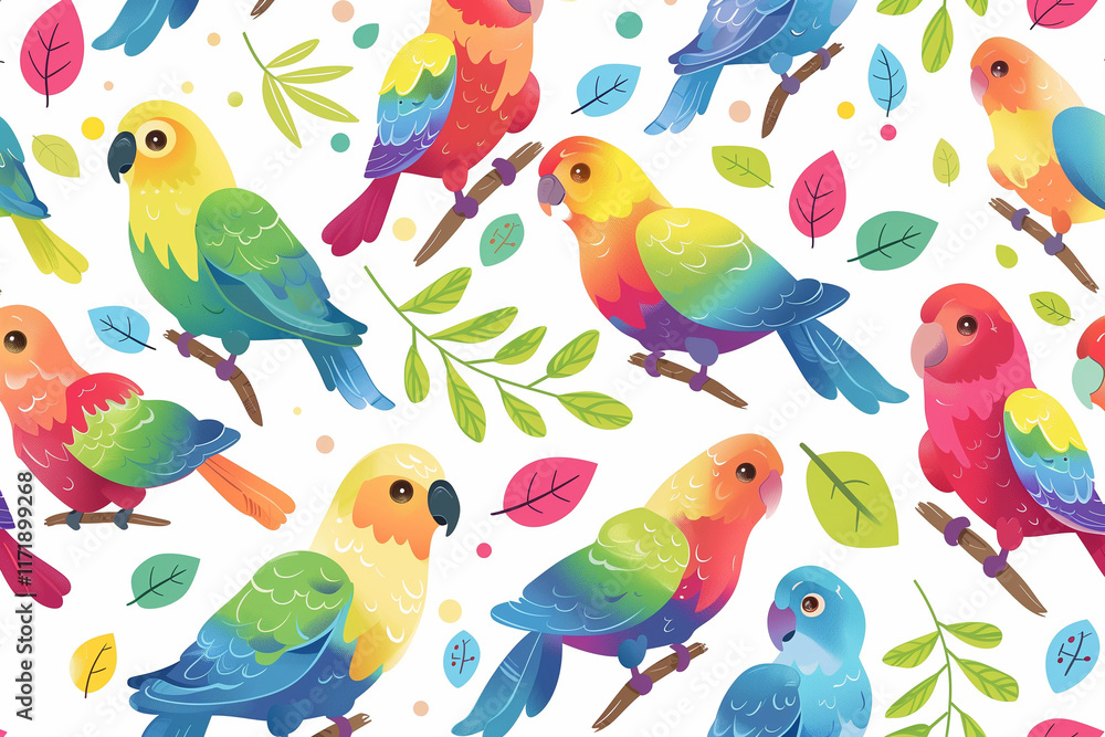 Obraz premium Parrot Pattern Vibrant Repeating Design for Kids Decorations with Rainbow Colors and Fun Tropical Style