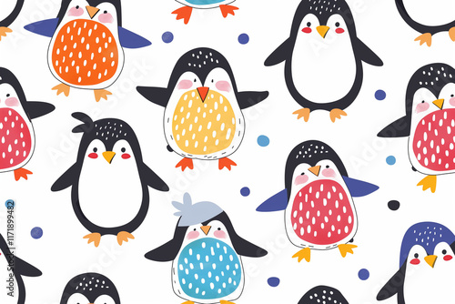 Penguin Pattern Fun Colorful Wallpaper Design for Kids with Repeating Birds in Rainbow Themed Decorations photo