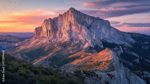Majestic mountain landscape at sunset with vibrant sky colors and dramatic cloud formations, serene and tranquil wilderness view at golden hour
