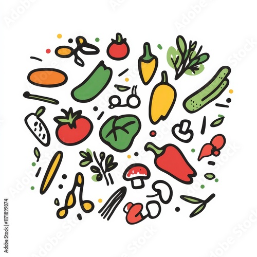 Colorful Hand-Drawn Vegetables and Herbs in Creative Arrangement