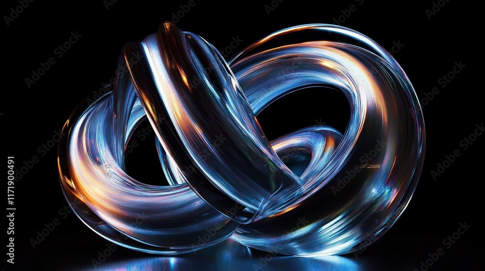 Futuristic Abstract Sculpture with Metallic Rings and Blue Light on Black Background Futuristic Abstract Sculpture with Metallic Rings and Blue Light on Black Background