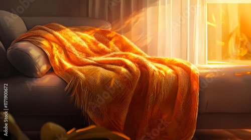 Woven blanket over plush sofa, caught in soft dance by unseen breeze, flame-lit room. Flamelit. Illustration photo