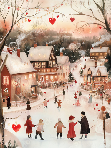 Winter ice skating scene in a charming village