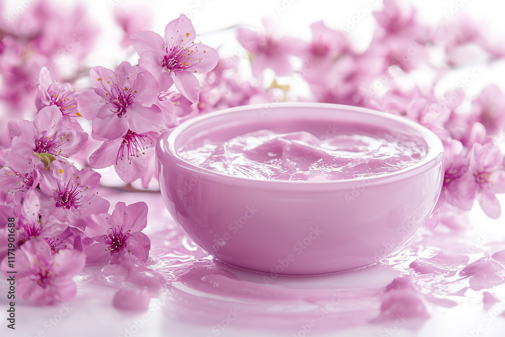 Jar with pink face cream and spring pink flowers. Jar with pink face cream and spring pink flowers.