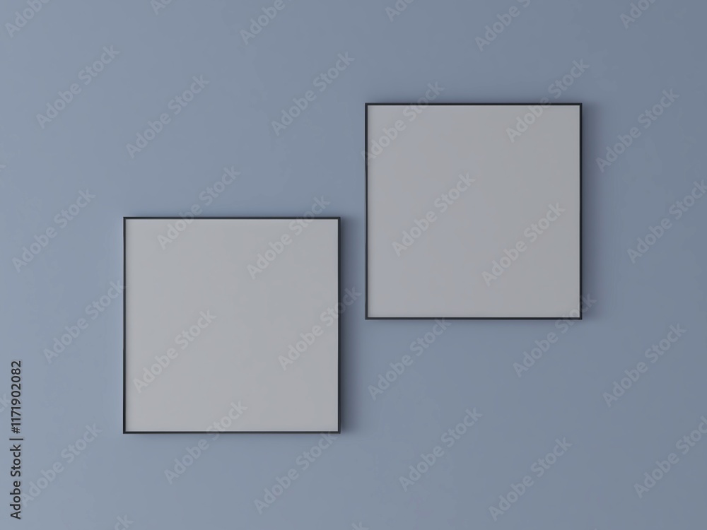 Mockup of two square frames on a blue wall. 3D rendering, interior design, 3D illustration Mockup of two square frames on a blue wall. 3D rendering, interior design, 3D illustration