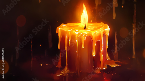 Glowing candle with melted wax dripping down. Flamelit. Illustration photo