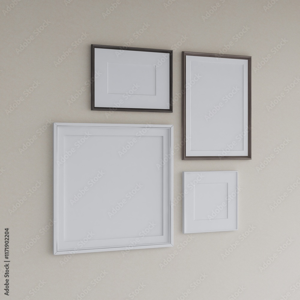 Mockup of two square frames, one vertical and one horizontal frame on a beige wall, perspective image. 3D rendering, interior design, 3D illustration Mockup of two square frames, one vertical and one horizontal frame on a beige wall, perspective image. 3D rendering, interior design, 3D illustration