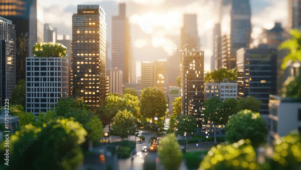 Obraz premium A captivating view of a modern city skyline during sunset, radiating warmth and tranquility as the buildings reflect golden light through lush greenery and vibrant streets.