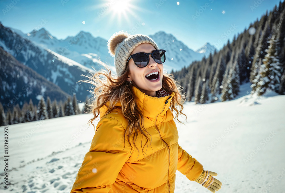 Young woman in yellow overalls during active winter vacation in the mountains. Active winter vacation. Person in the mountains. Young woman in yellow overalls during active winter vacation in the mountains. Active winter vacation. Person in the mountains.