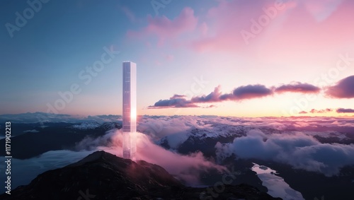 A captivating view of a futuristic tower piercing through clouds at dawn, surrounded by majestic mountains under a beautiful pastel sky, evoking wonder and tranquility. photo