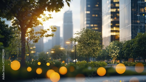 A tranquil urban twilight scene illuminated by warm lights where nature meets modern architecture, showcasing a bright, inviting atmosphere amidst the skyscrapers. photo