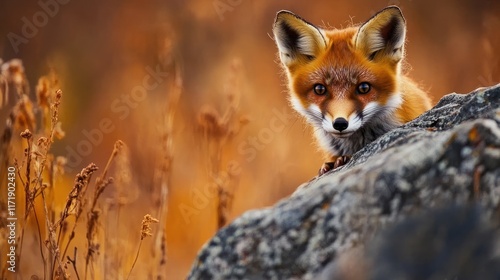 Wallpaper Mural A curious fox peeks from behind a rock in a warm, autumn landscape. Torontodigital.ca