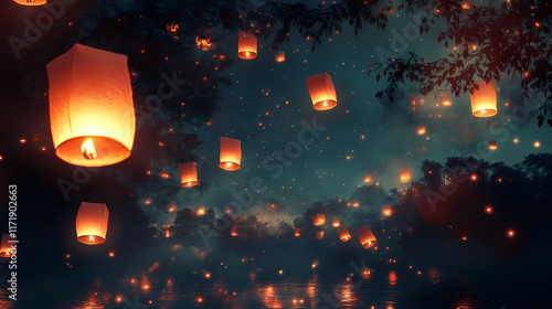 Mystic night sky with floating lanterns over flame-lit landscape creating an enchanting and tranquil atmosphere for meditation. Flamelit. Illustration photo