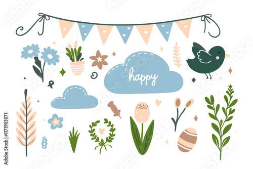 Set of cute Easter characters and elements. Easter bunny, chicks, eggs and flowers. Vector illustration.