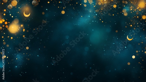 Ramadan abstract background. Featuring dark blues, golds, and greens. Representing spirituality and tradition. Ideal for Ramadan-themed marketing and event promotions photo