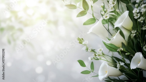White Calla Lilies and Flowers Bouquet, Soft Light Background, Peaceful Sympathy Card Design