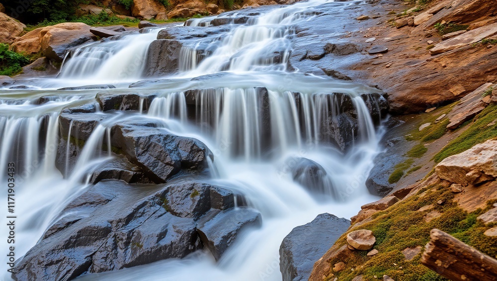 Fototapeta premium Cascading Waterfall Over Smooth Dark Rocks