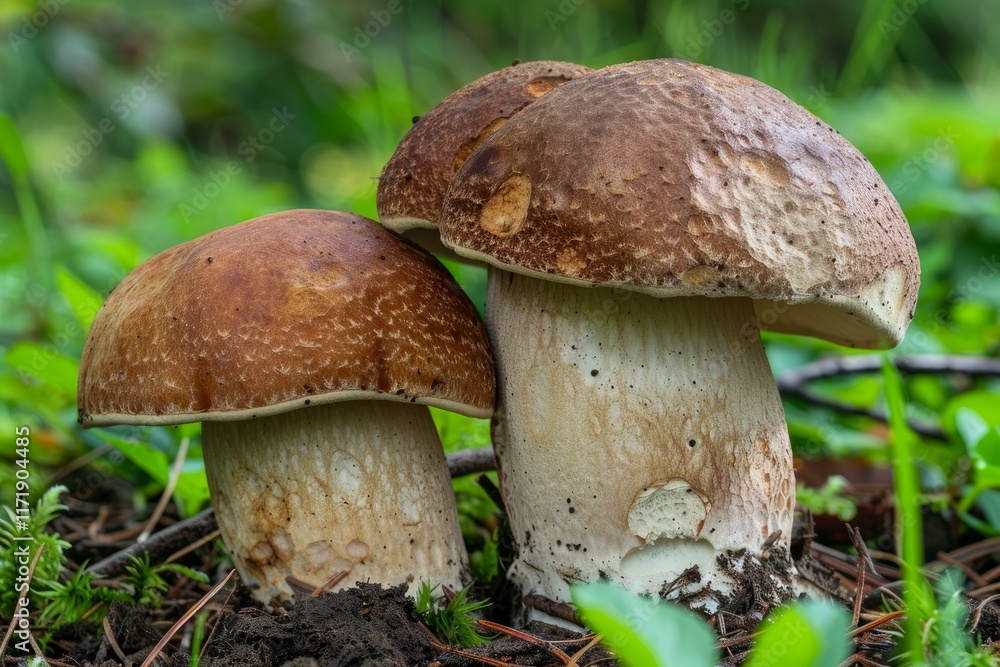 Close up of penny bun mushrooms thriving in a lush forest environment Close up of penny bun mushrooms thriving in a lush forest environment