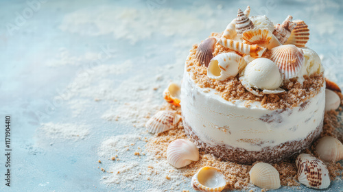 beach themed ice cream cake adorned with seashells and sand, evoking delightful summer vibe. Perfect for celebrations and beach parties, this cake is sweet treat for all ages
