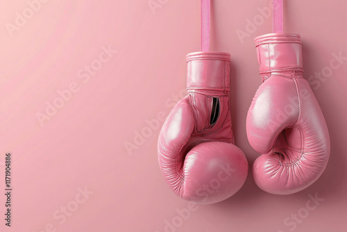 Pink boxing gloves hang on a pink wall, popping against the soft background for a striking visual display. photo